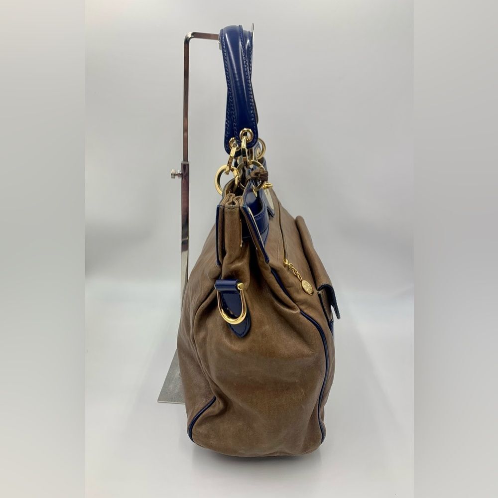 Auth Balenciaga Smooth Brown Leather Navy Patent Top Handle Moon Bag Preloved - Picture 6 of 14